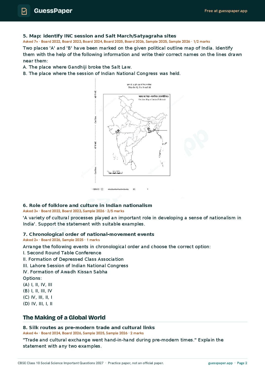 CBSE Class 10 Social Science Important Questions 2027 (PDF)