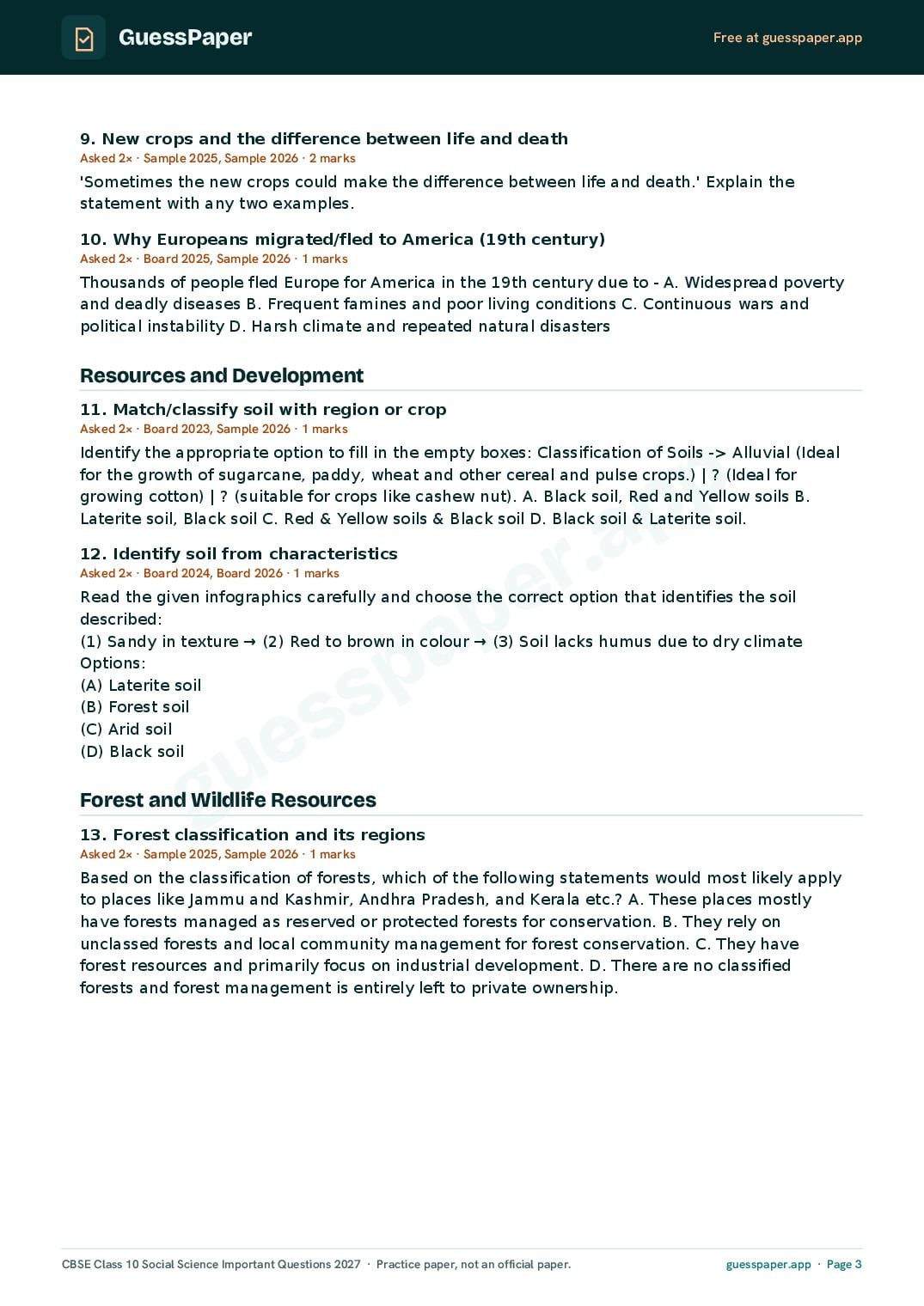 CBSE Class 10 Social Science Important Questions 2027 (PDF)