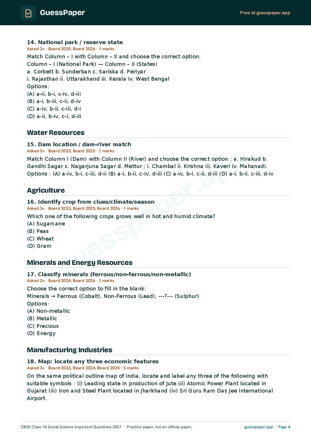 CBSE Class 10 Social Science Important Questions 2027 (PDF)
