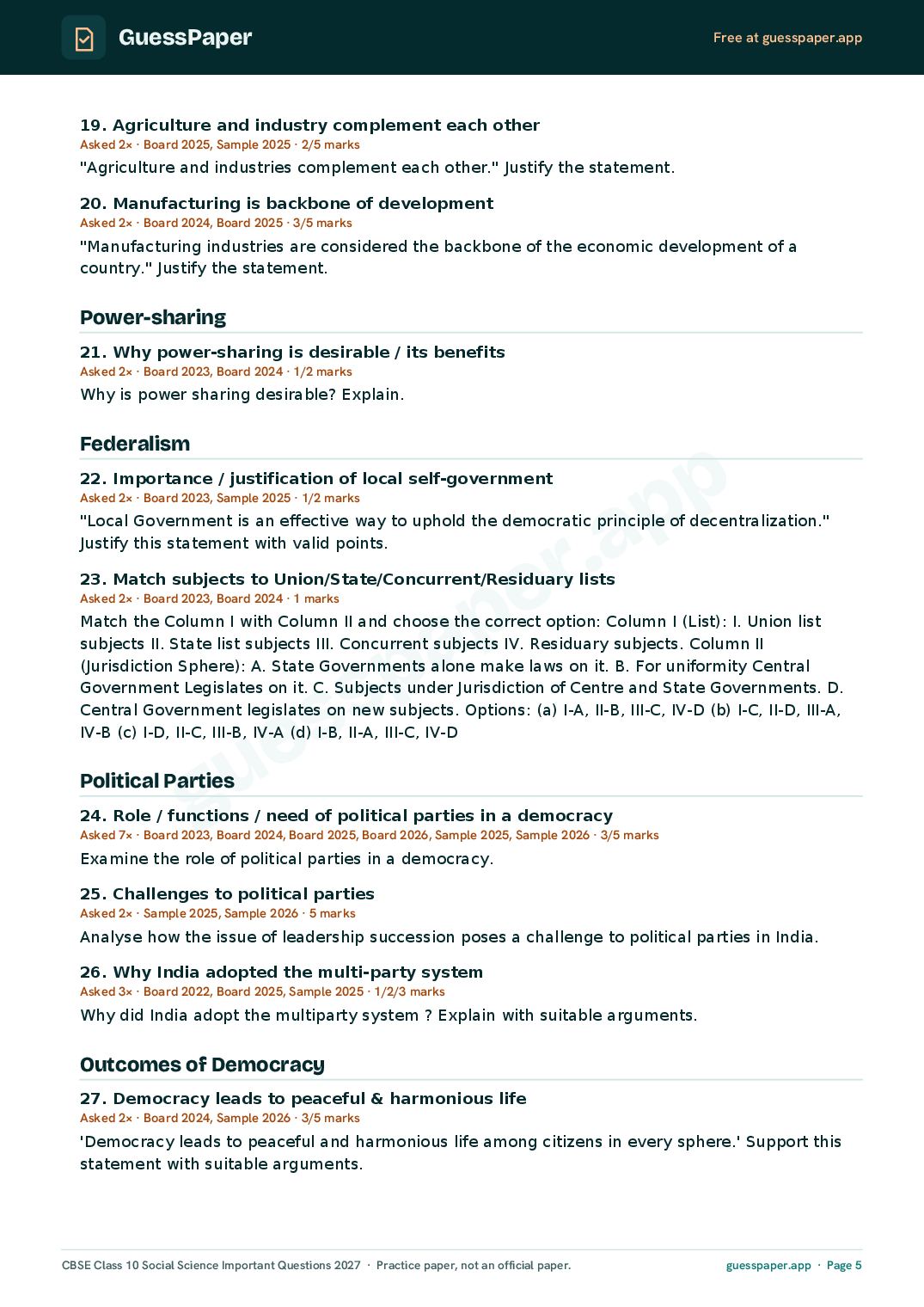 CBSE Class 10 Social Science Important Questions 2027 (PDF)