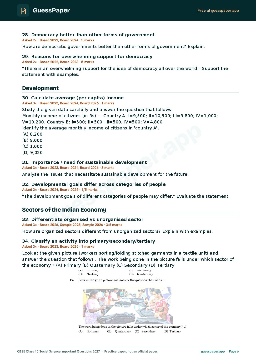 CBSE Class 10 Social Science Important Questions 2027 (PDF)