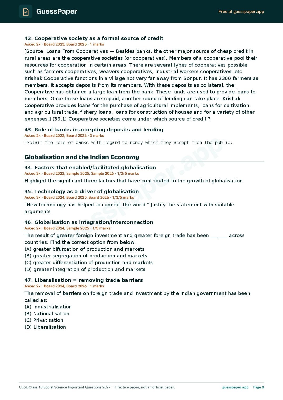 CBSE Class 10 Social Science Important Questions 2027 (PDF)