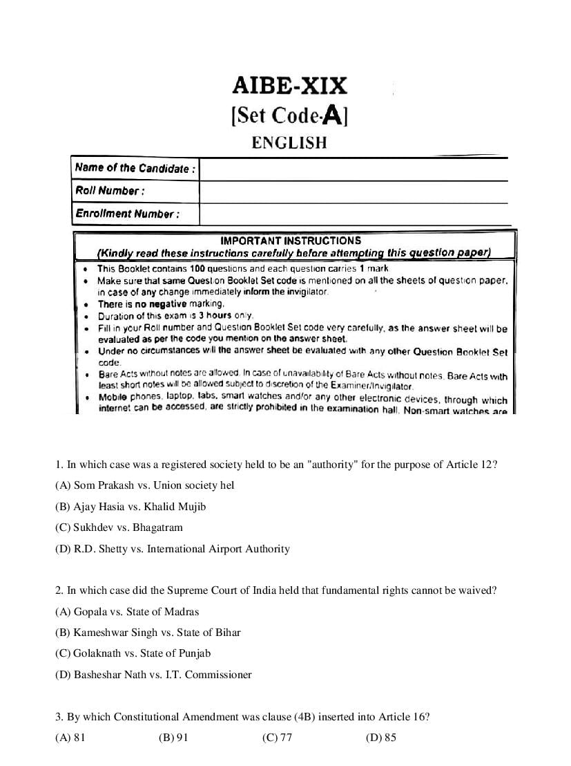 AIBE 19 Question Paper with Answer Key - Page 1