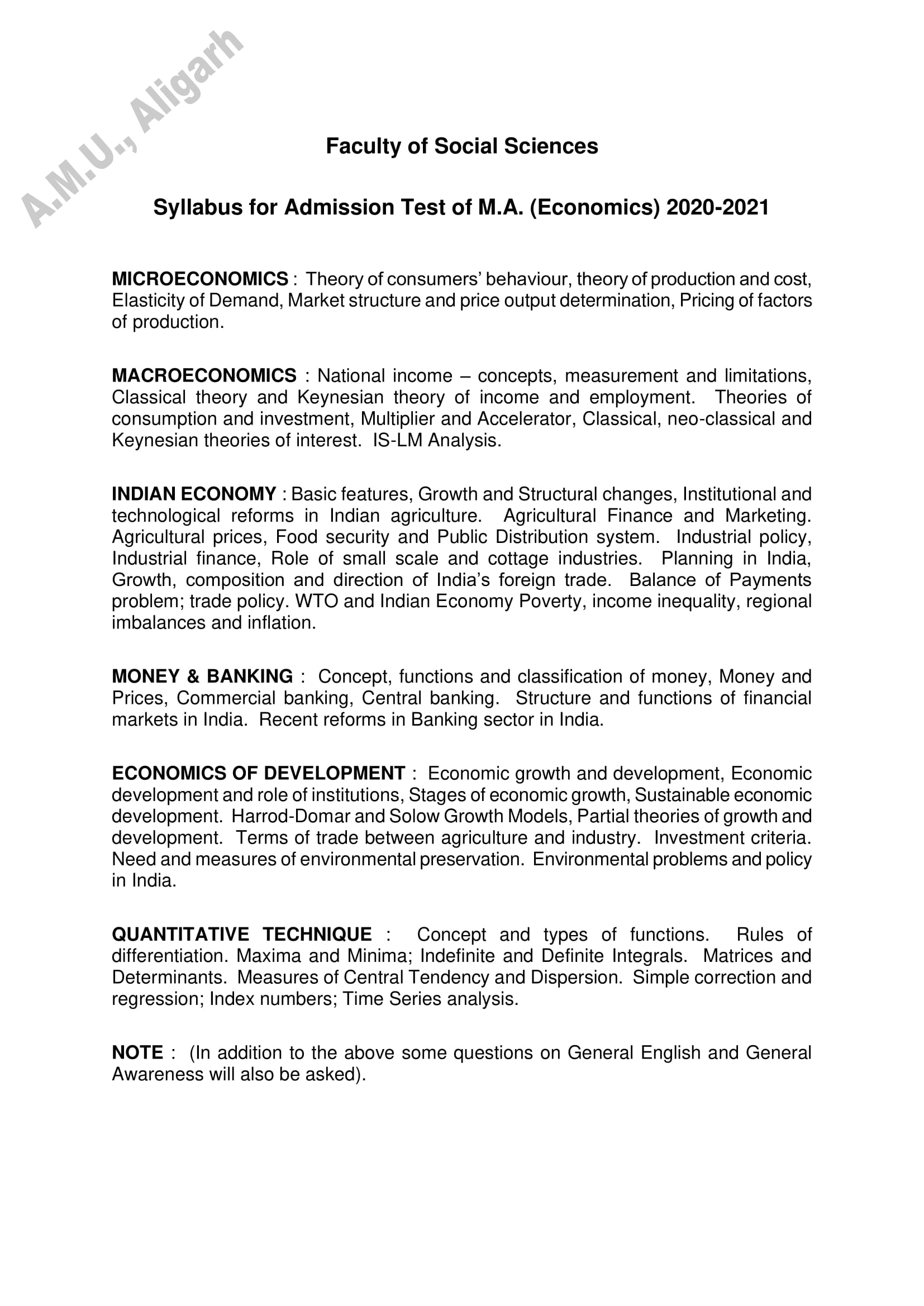 AMU Entrance Exam Syllabus for M.A. in Economics - Page 1