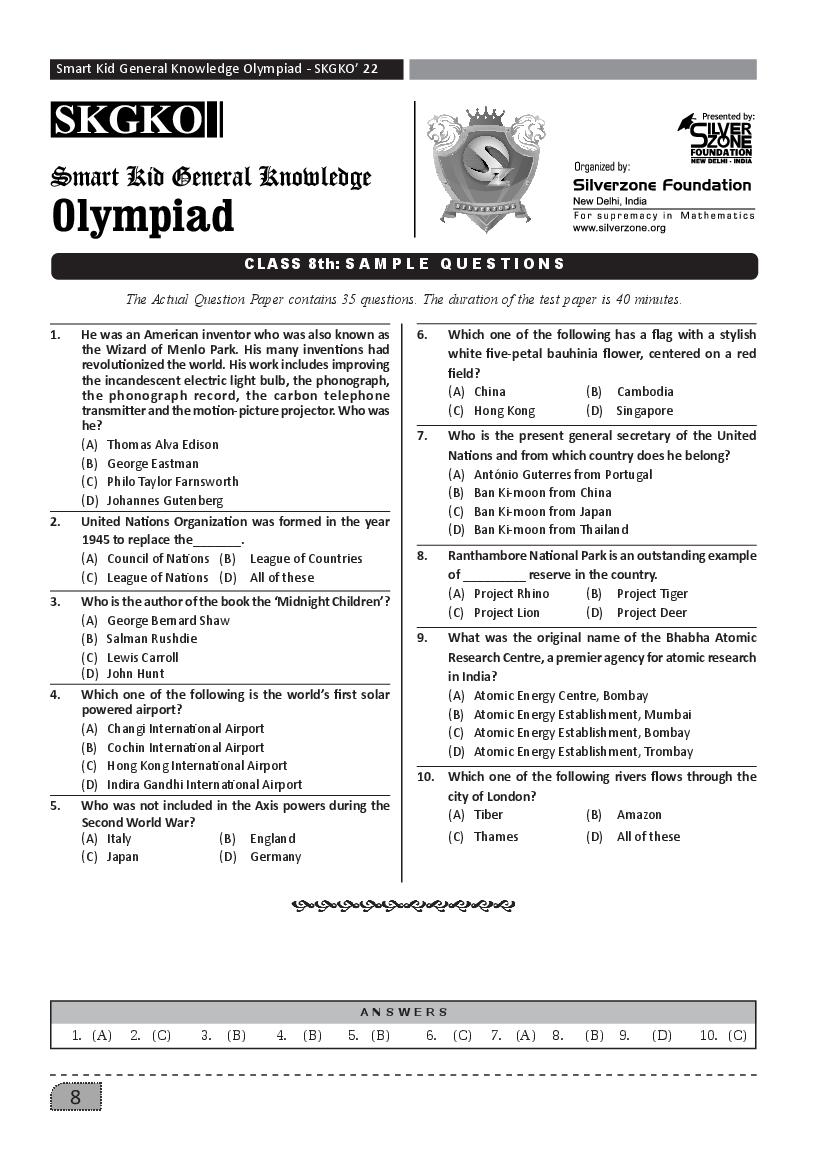 SilverZone iSKKO Sample Paper 2022 Class 8  - Page 1