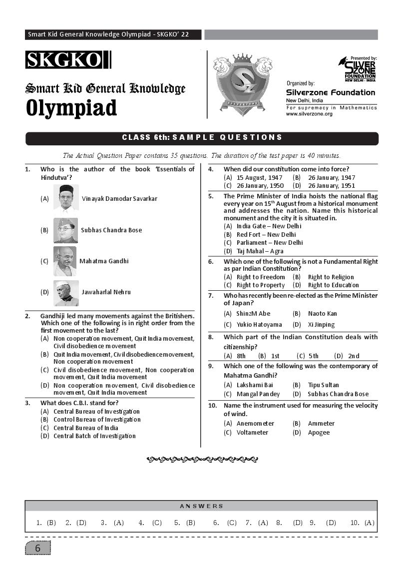 SilverZone iSKKO Sample Paper 2022 Class 6  - Page 1