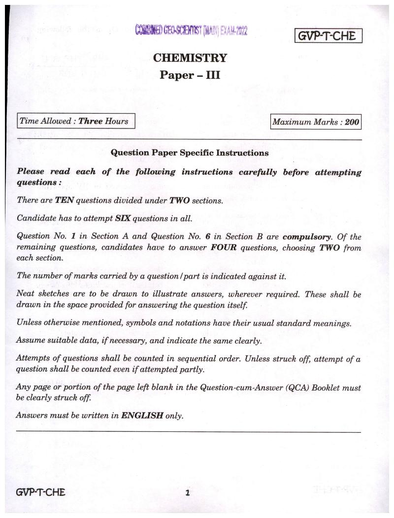 UPSC CGGE 2022 (Mains) Question Paper Chemistry Paper III - Page 1