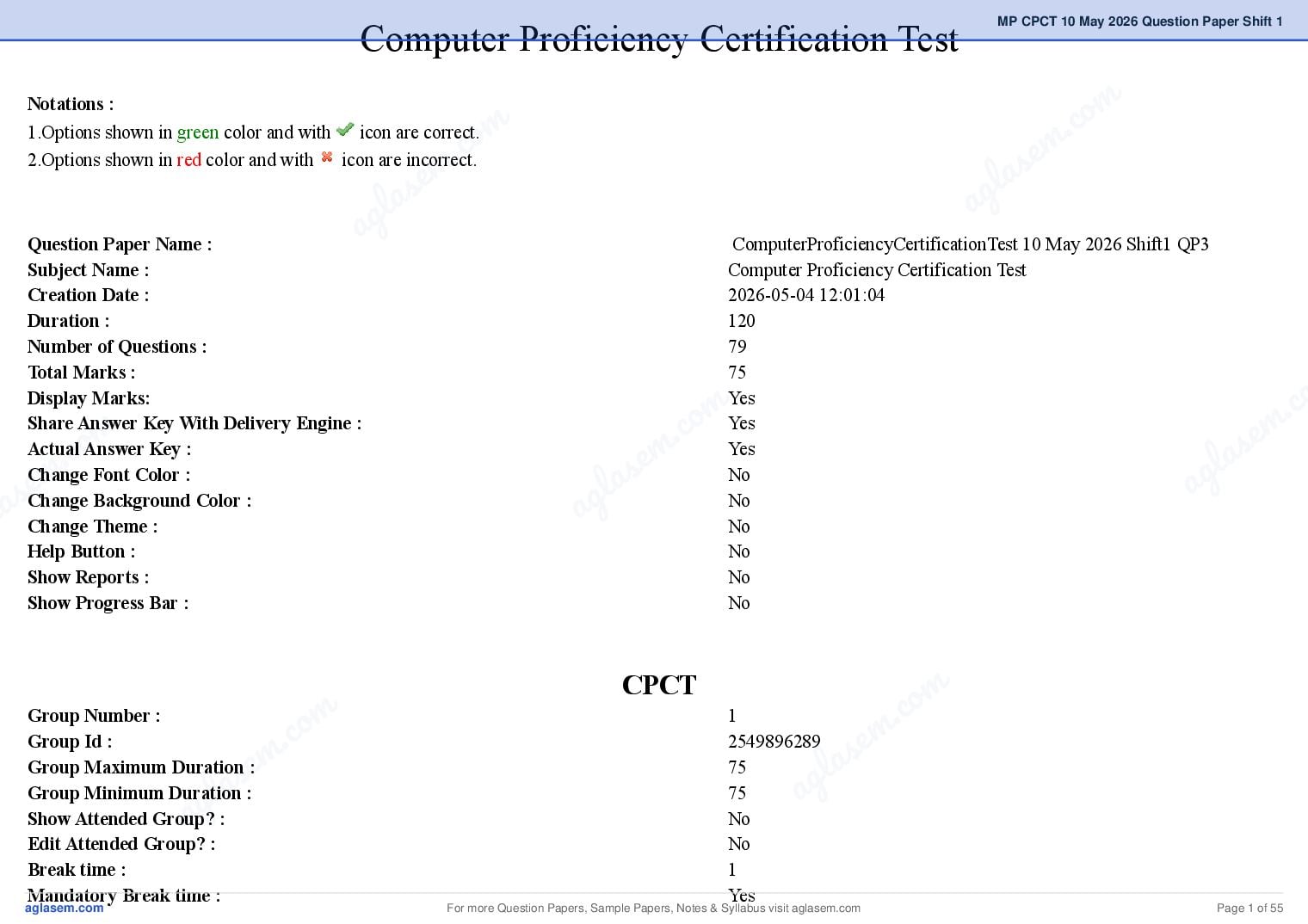 MP CPCT 10 May 2026 Question Paper Shift 1 - Page 1 of 55