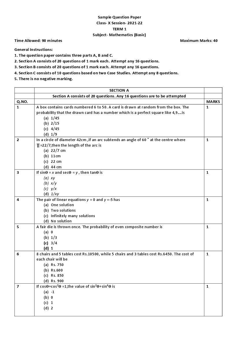 CBSE Class 10 Sample Paper 2022 for Maths Basic Term 1 - Page 1