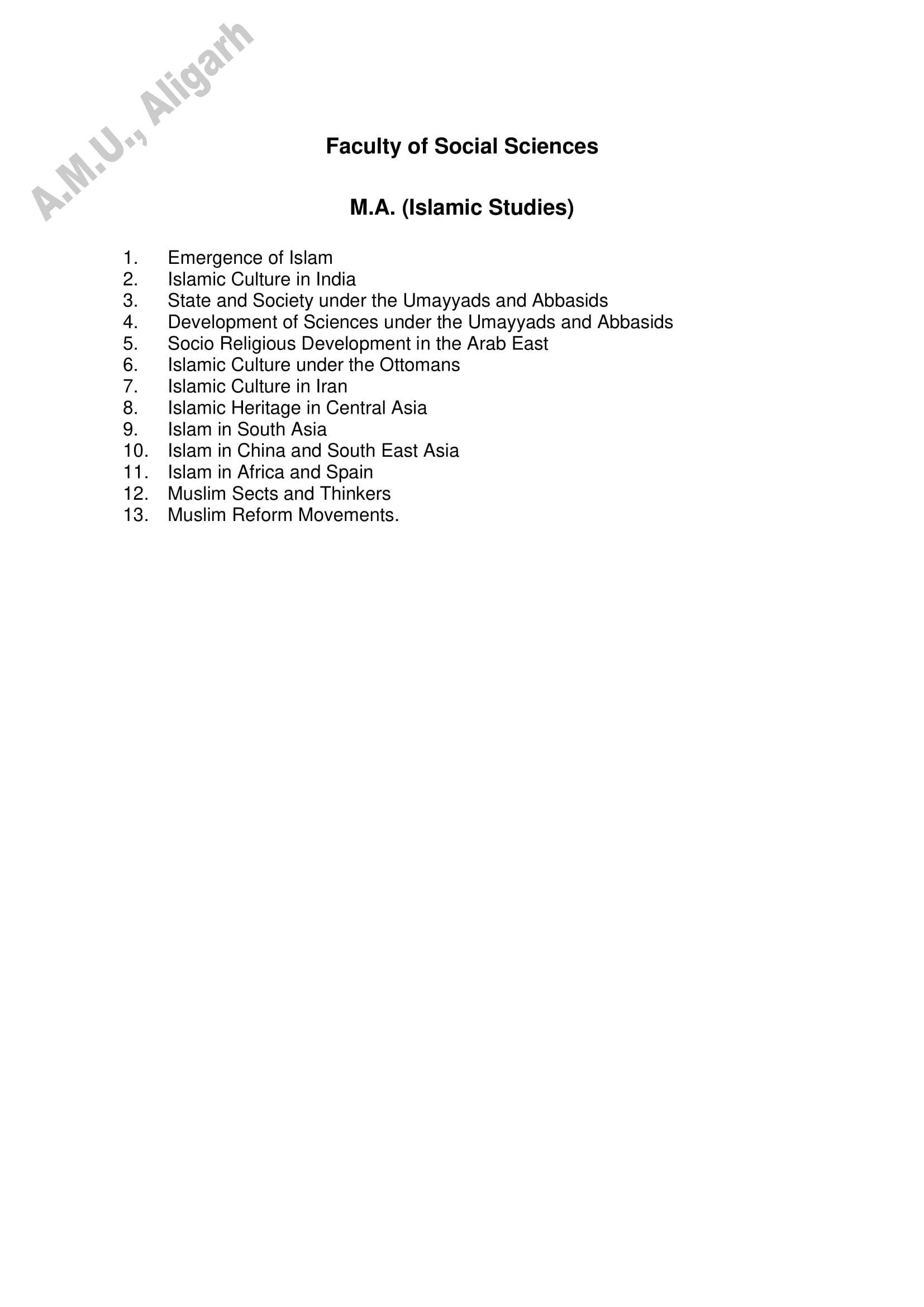 AMU Entrance Exam Syllabus for M.A. in Islamic Studies - Page 1