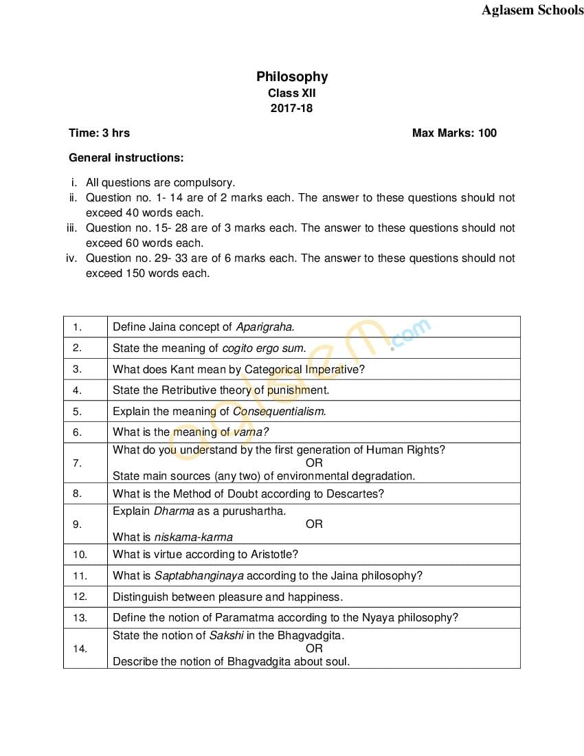 CBSE Class 12 Sample Paper 2018 for Philosophy - Page 1