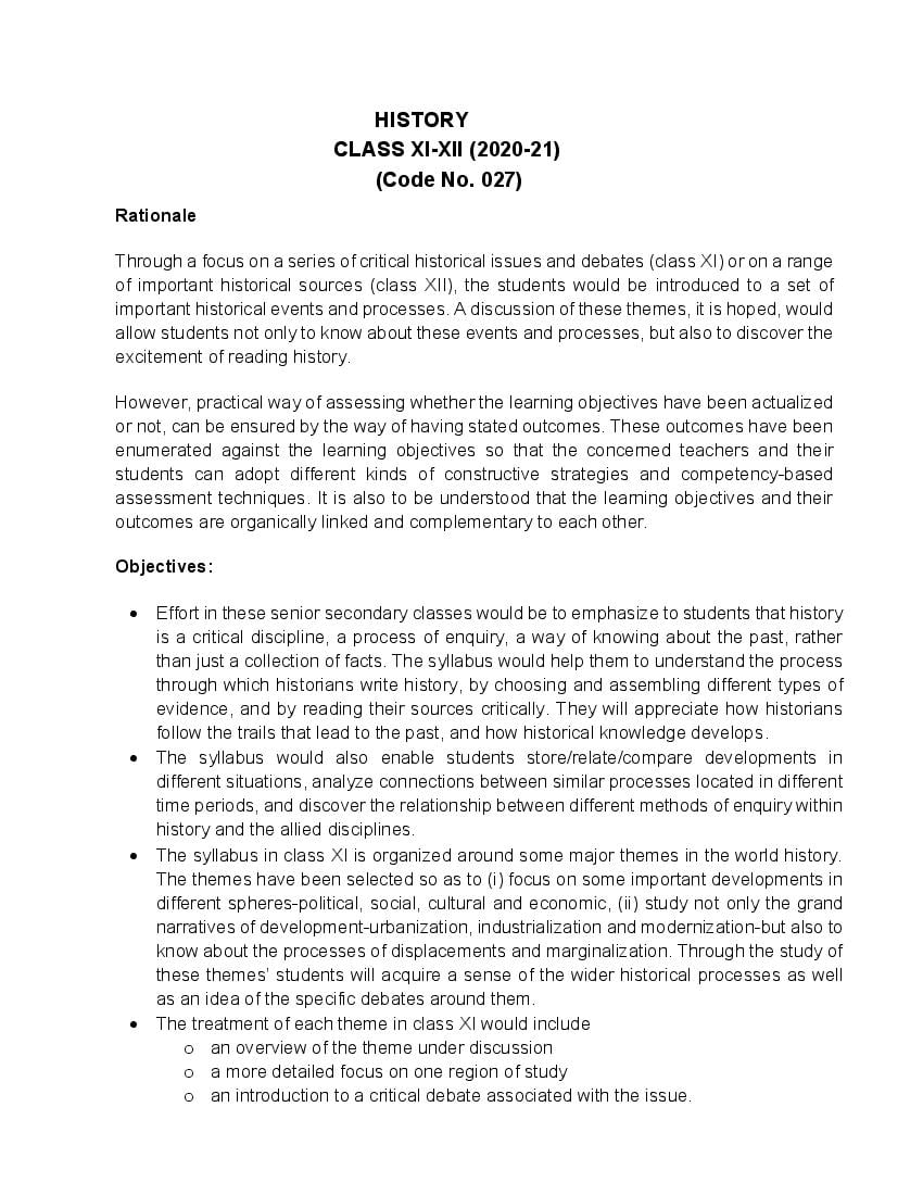 CBSE Class 11 History Syllabus 2020-21 - Page 1