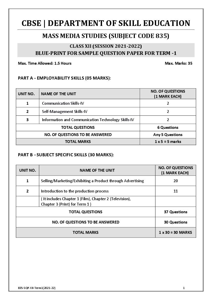 CBSE Class 12 Sample Paper 2022 for Mass Media Studies Term 1 - Page 1