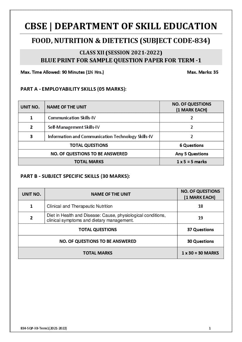 CBSE Class 12 Sample Paper 2022 for Food, Nutrition & Dietetics Term 1 - Page 1