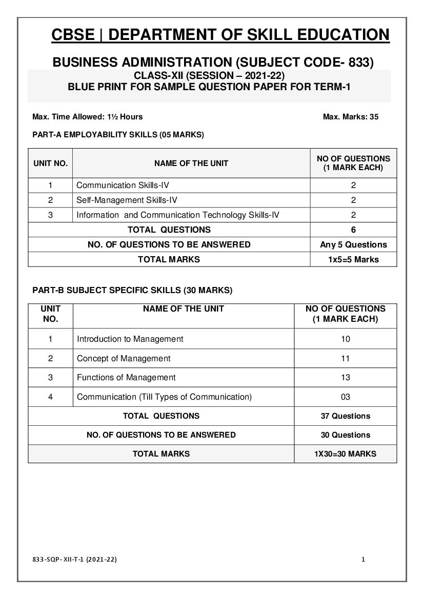 CBSE Class 12 Sample Paper 2022 for Business Administration Term 1 - Page 1