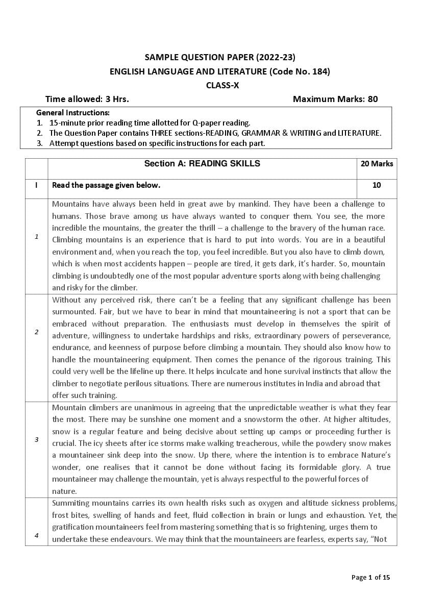 CBSE Class 10 Sample Paper 2023 for English - Page 1