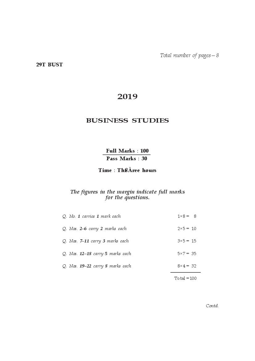 AHSEC HS 2nd Year Question Paper 2019 Business Studies - Page 1