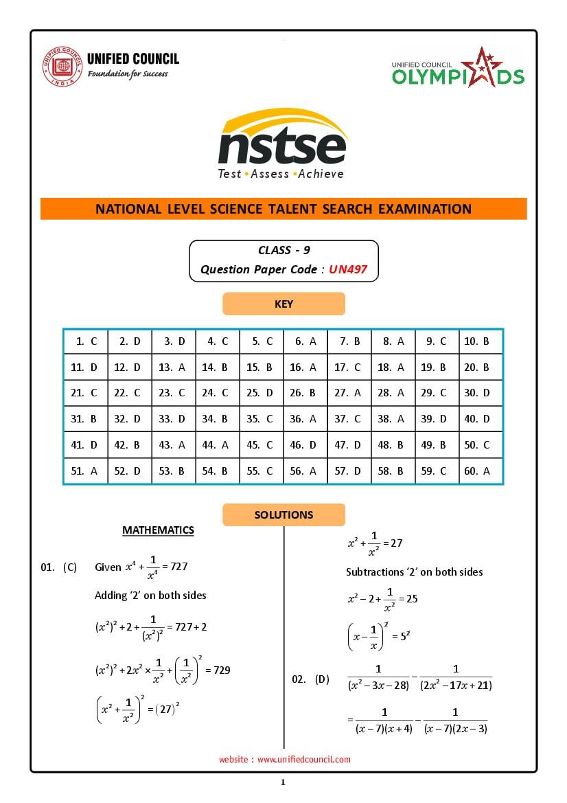 NSTSE 2024 Offline Exam Answer Key Class 9 - Page 1