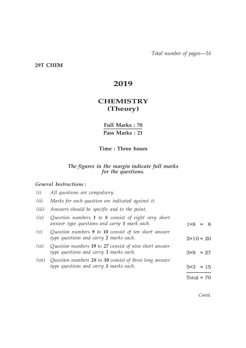 AHSEC HS 2nd Year Question Paper 2019 Chemistry - Page 1