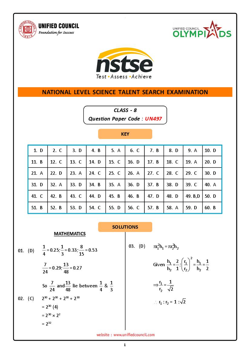 NSTSE 2024 Offline Exam Answer Key Class 8 - Page 1