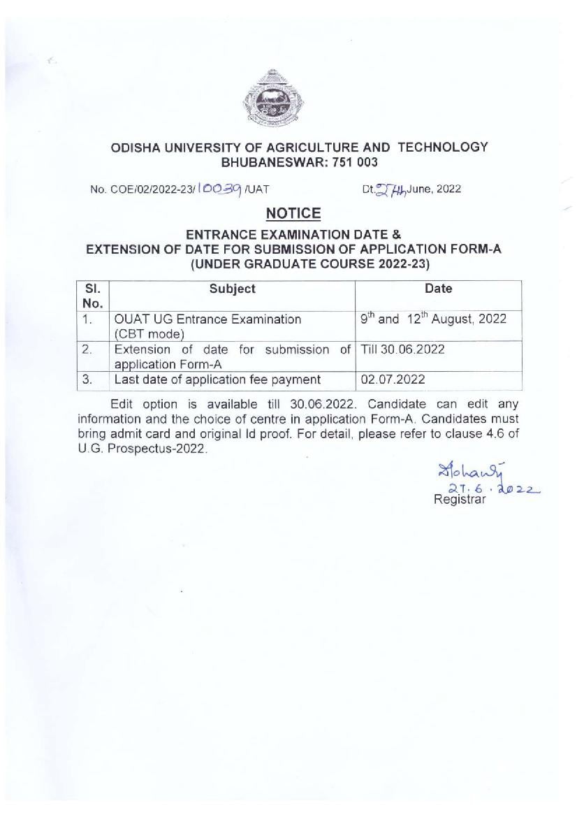 OUAT 2022 Exam Date and Application Last Date Extended Notice - Page 1