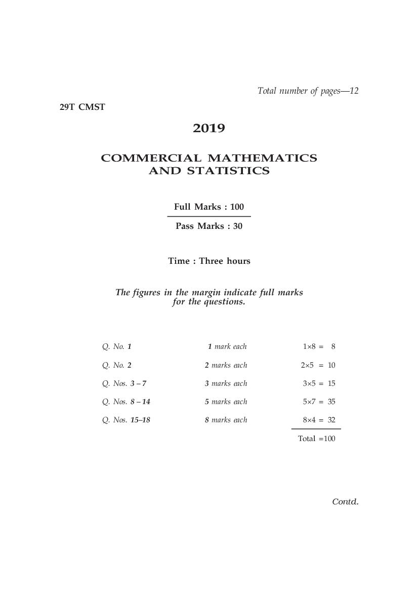 AHSEC HS 2nd Year Question Paper 2019 Commercial Mathematics and Statistics - Page 1