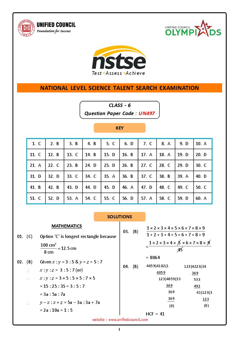 NSTSE 2024 Offline Exam Answer Key Class 6 - Page 1