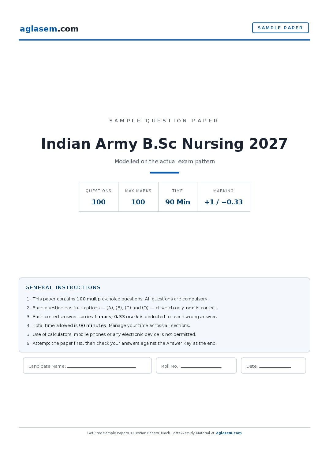 Indian Army B.Sc Nursing 2027 Sample Paper - Page 1 of 10