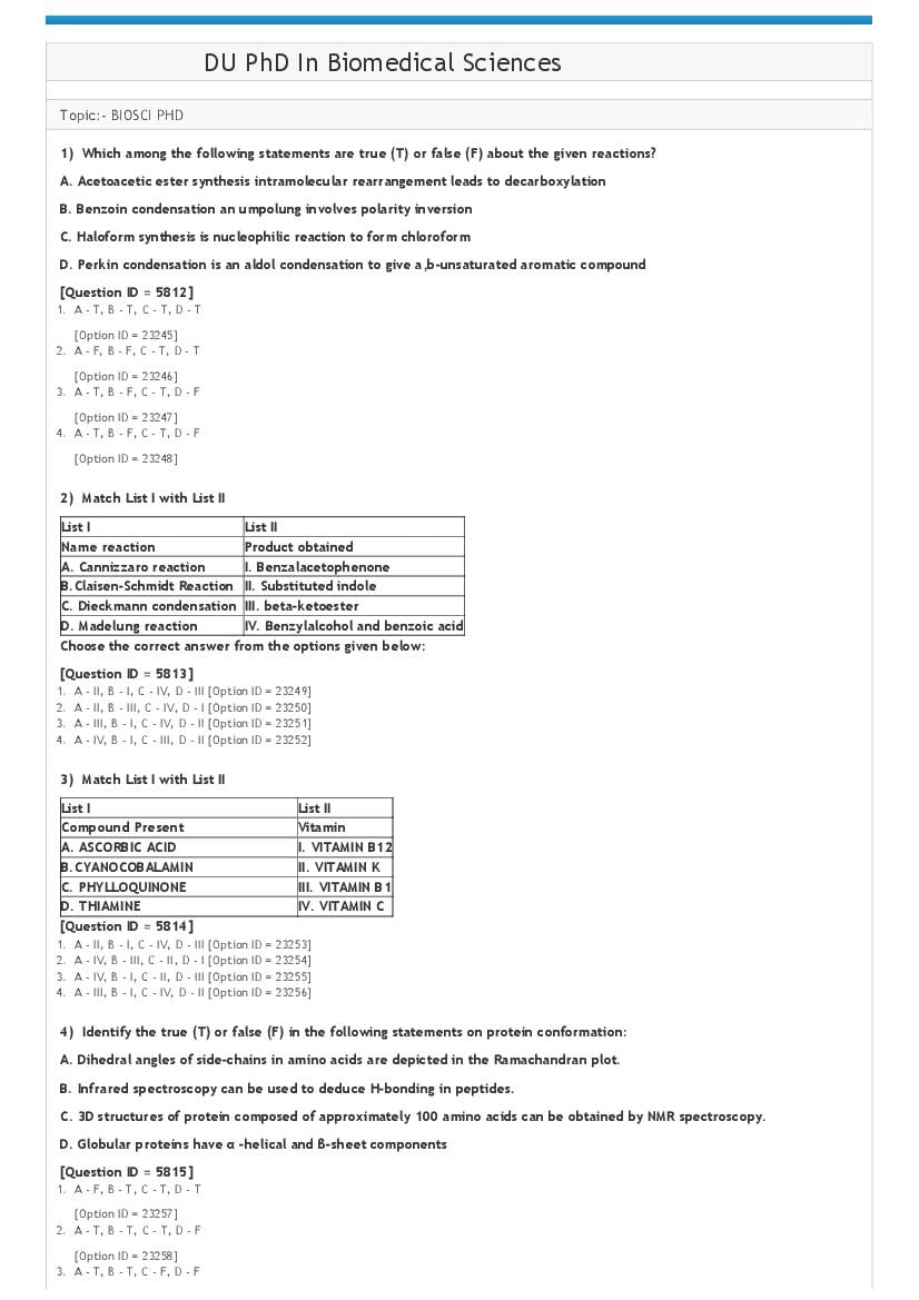 DUET 2021 Question Paper Ph.D In Biomedical Sciences - Page 1