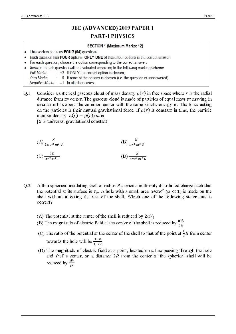 JEE Advanced 2019 Question Paper 1 - Page 1
