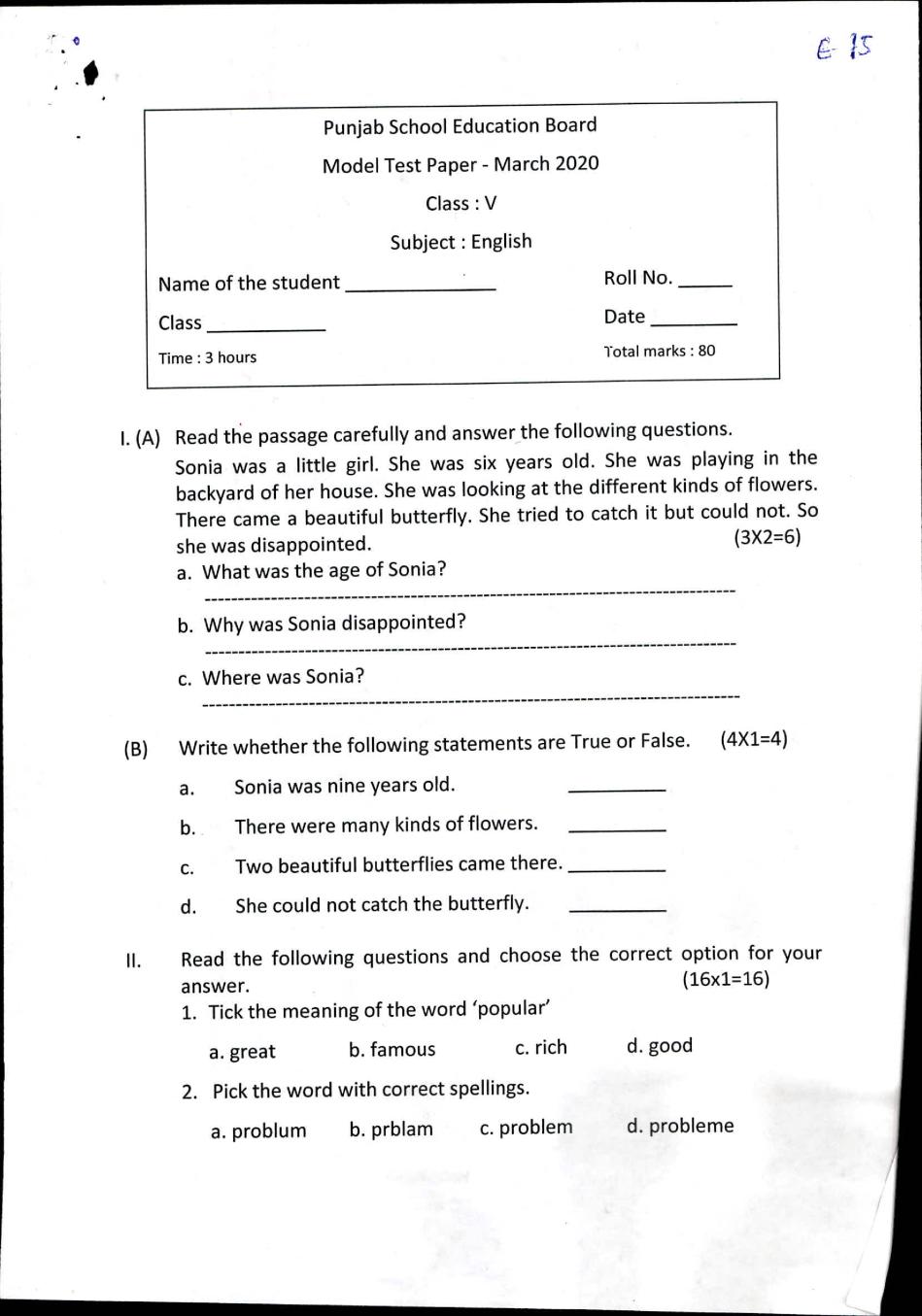 PSEB 5th Model Test Paper of English - Page 1