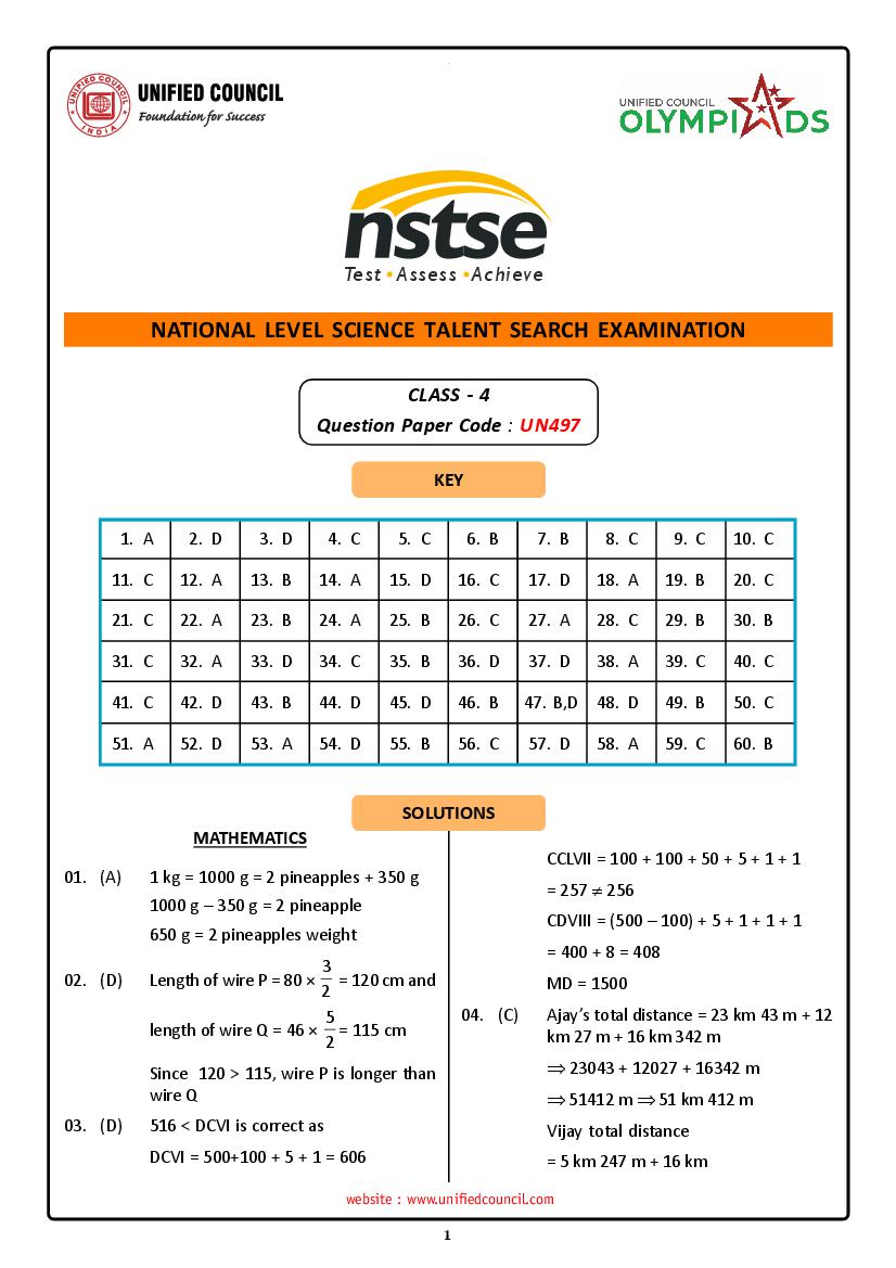 NSTSE 2024 Offline Exam Answer Key Class 4 - Page 1