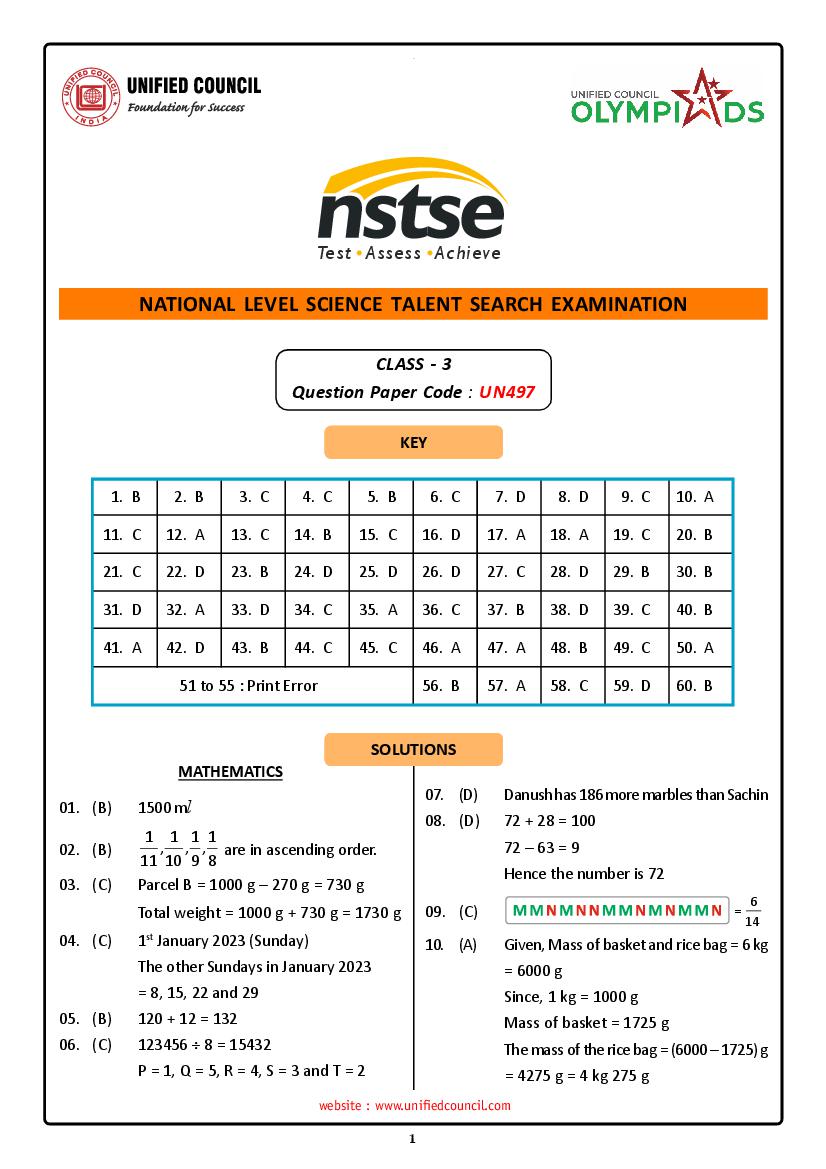 NSTSE 2024 Offline Exam Answer Key Class 3 - Page 1