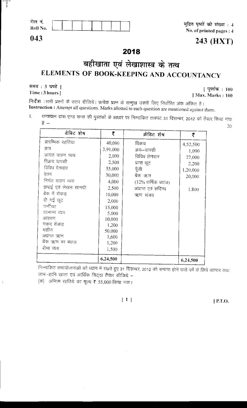 Uttarakhand Board Class 10 Question Paper 2018 for Book Keeping and Accountancy - Page 1