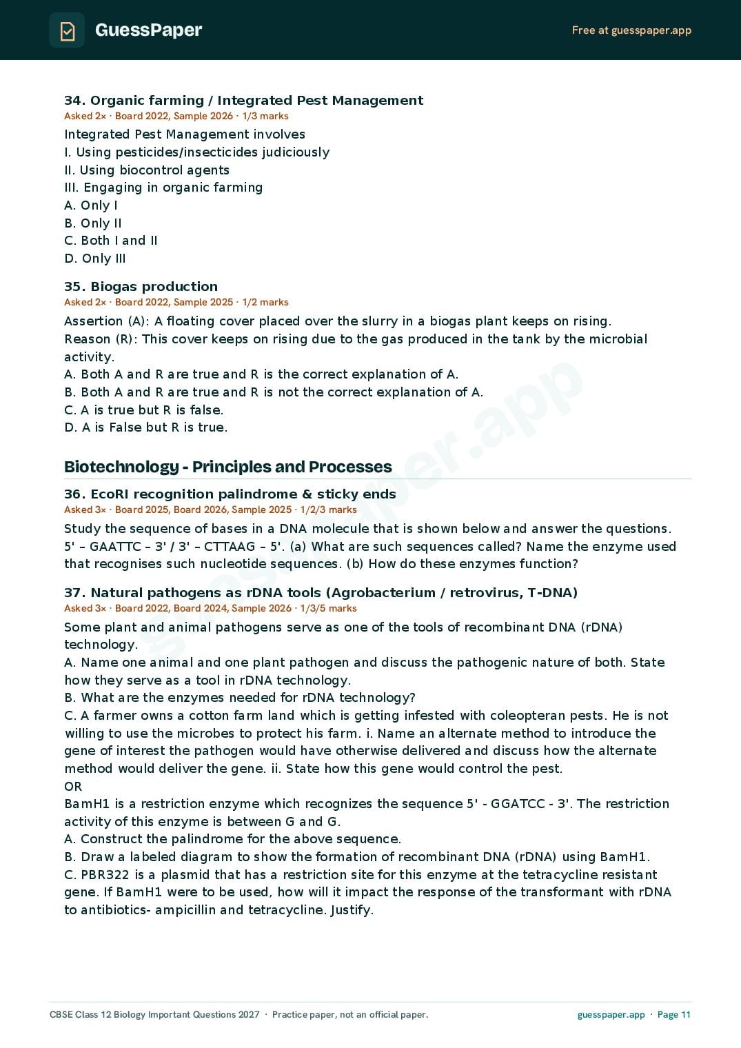 CBSE Class 12 Biology Important Questions 2027 (PDF)