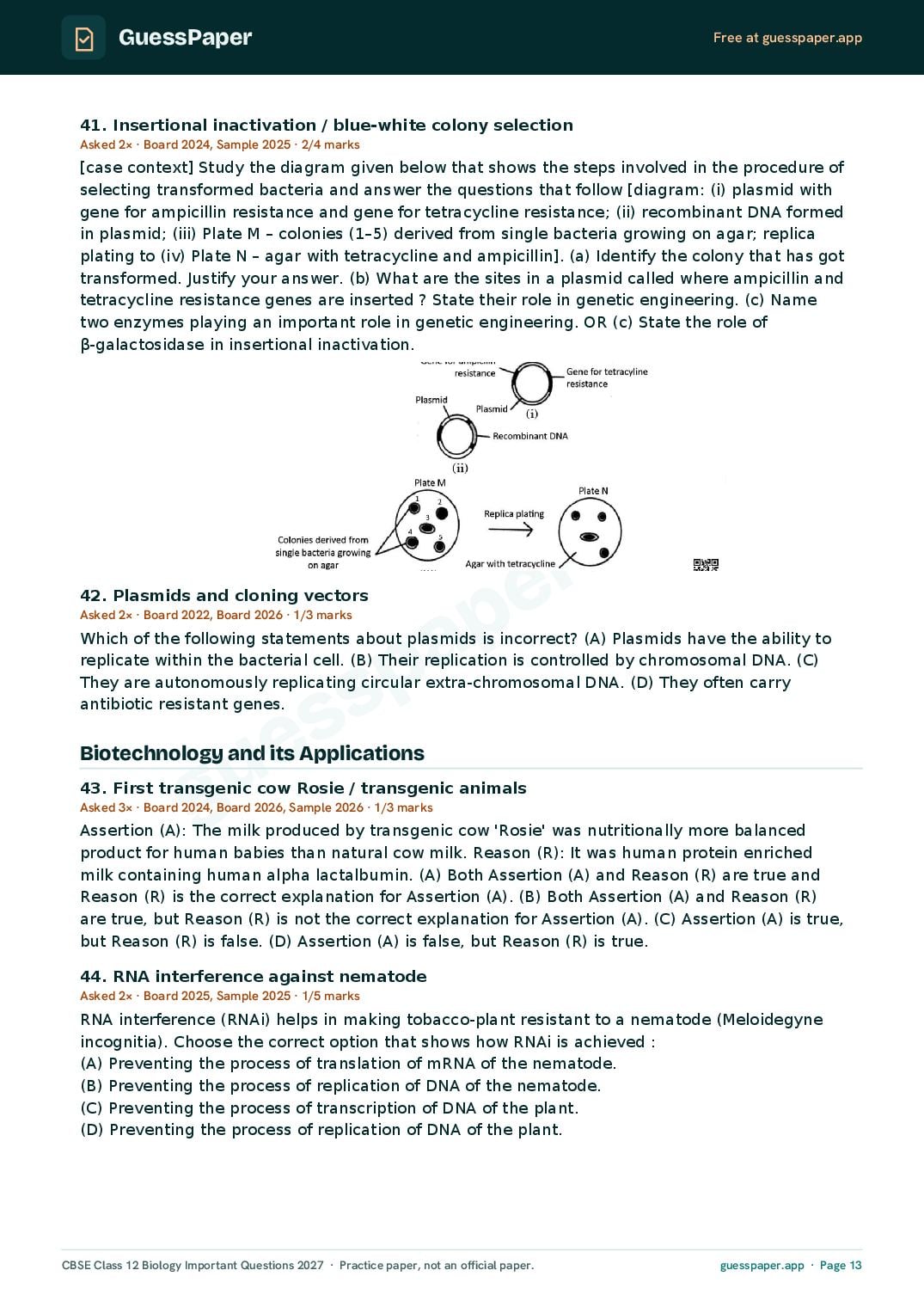 CBSE Class 12 Biology Important Questions 2027 (PDF)