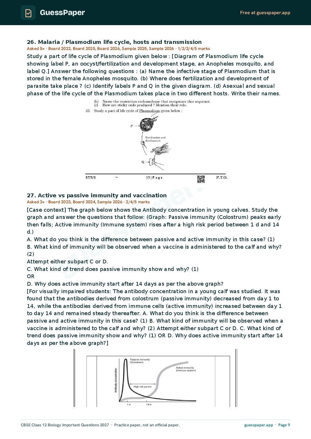 CBSE Class 12 Biology Important Questions 2027 (PDF)