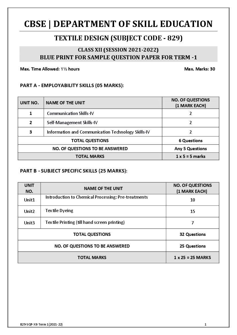 CBSE Class 12 Sample Paper 2022 for Textile Design Term 1 - Page 1