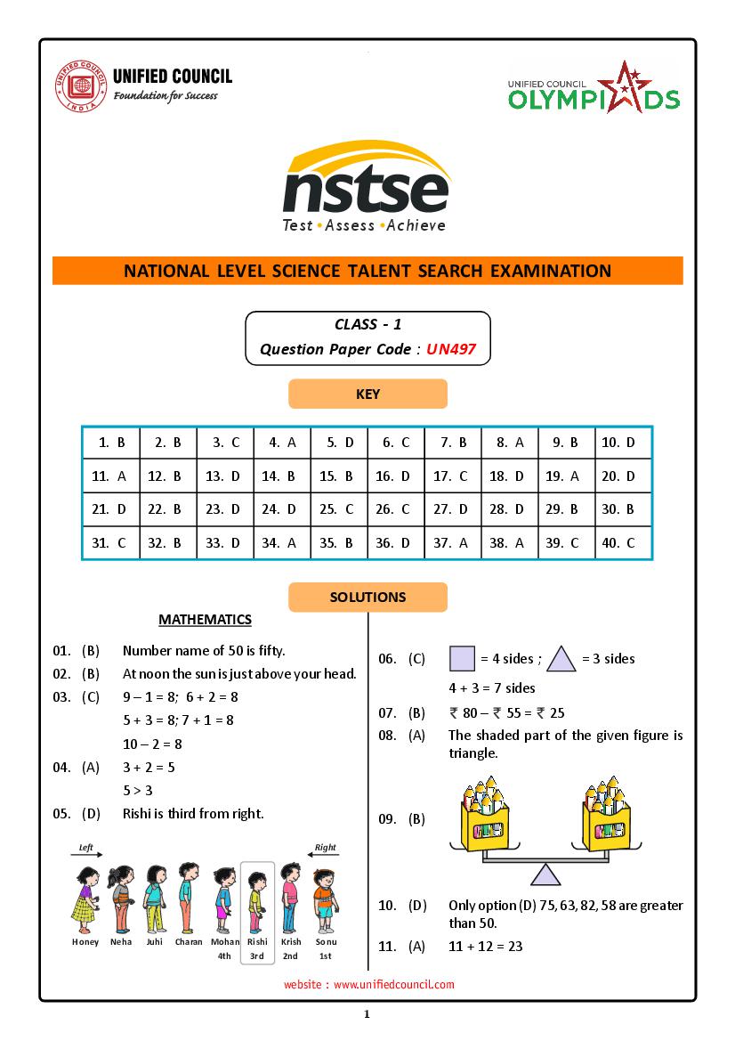 NSTSE 2024 Offline Exam Answer Key Class 1 - Page 1