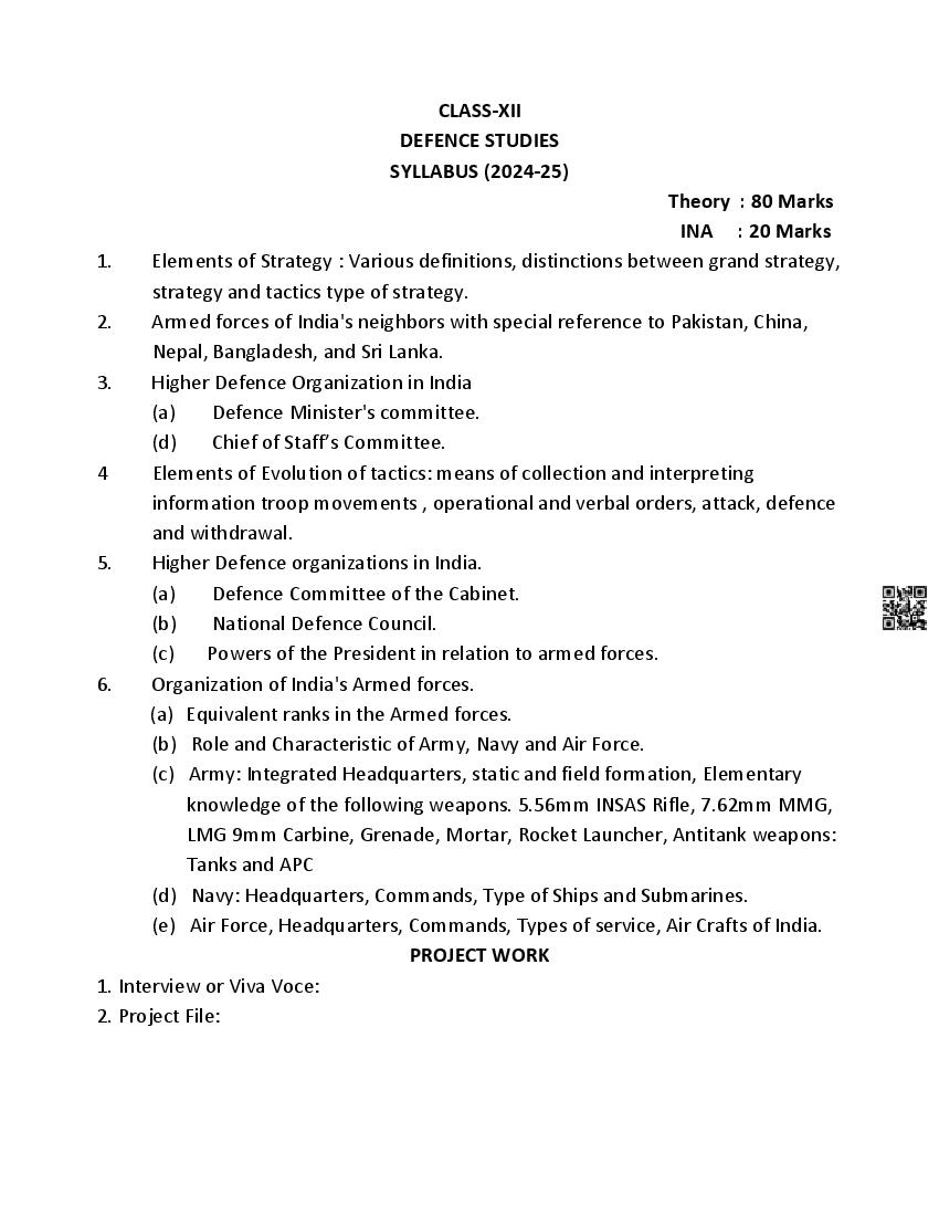 PSEB Class 12 Defence Studies Syllabus (PDF)