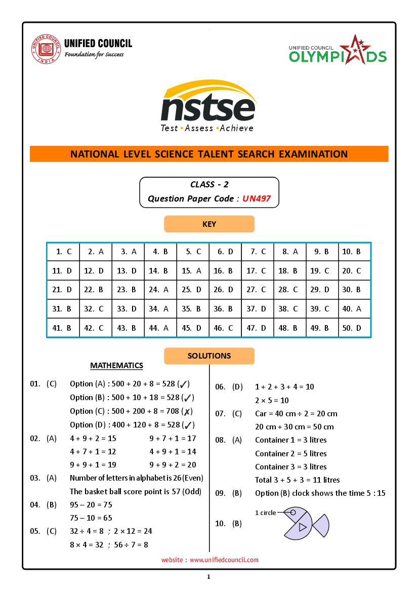 NSTSE 2024 Offline Exam Answer Key Class 2 - Page 1