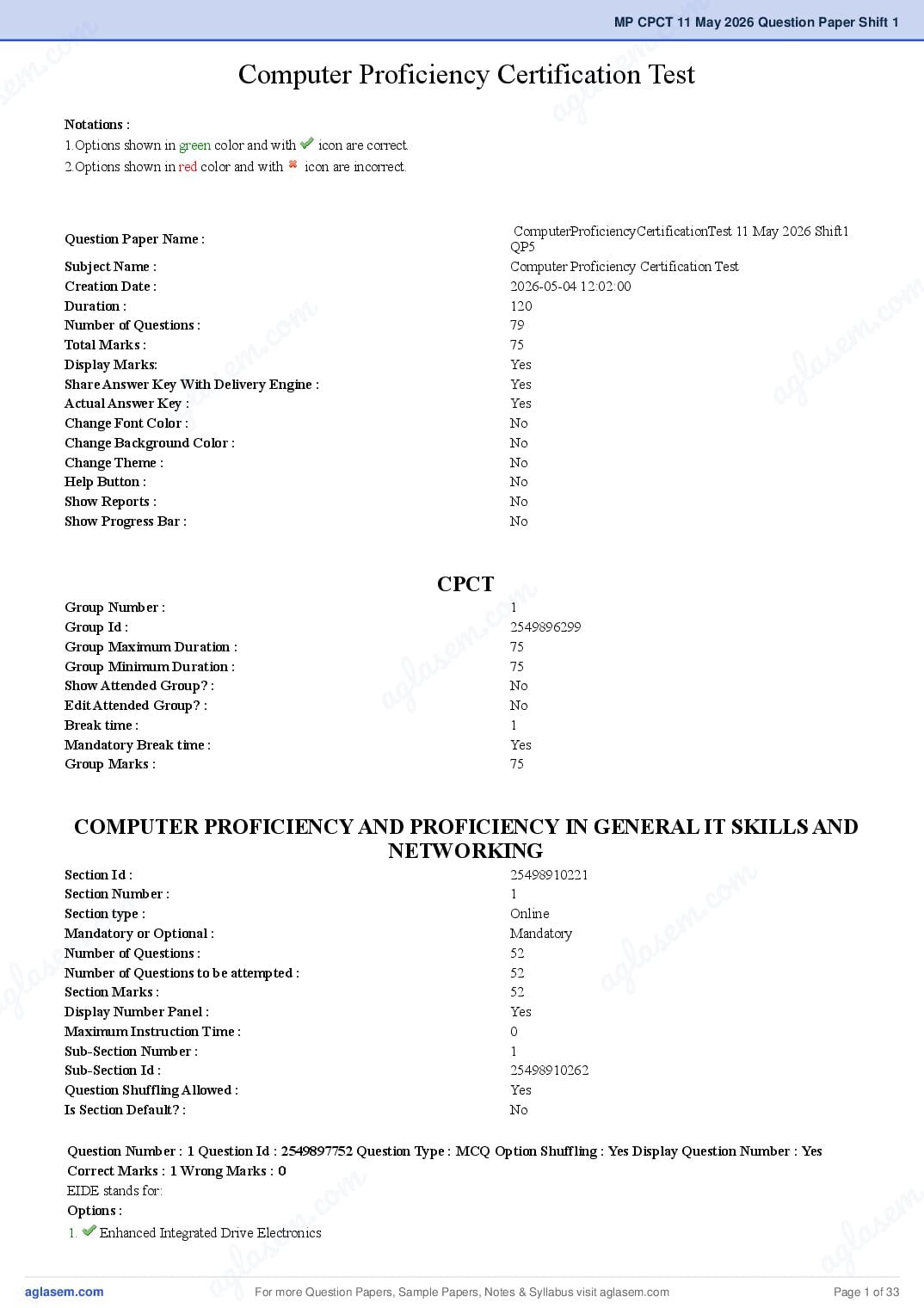 MP CPCT 11 May 2026 Question Paper Shift 1 - Page 1 of 33