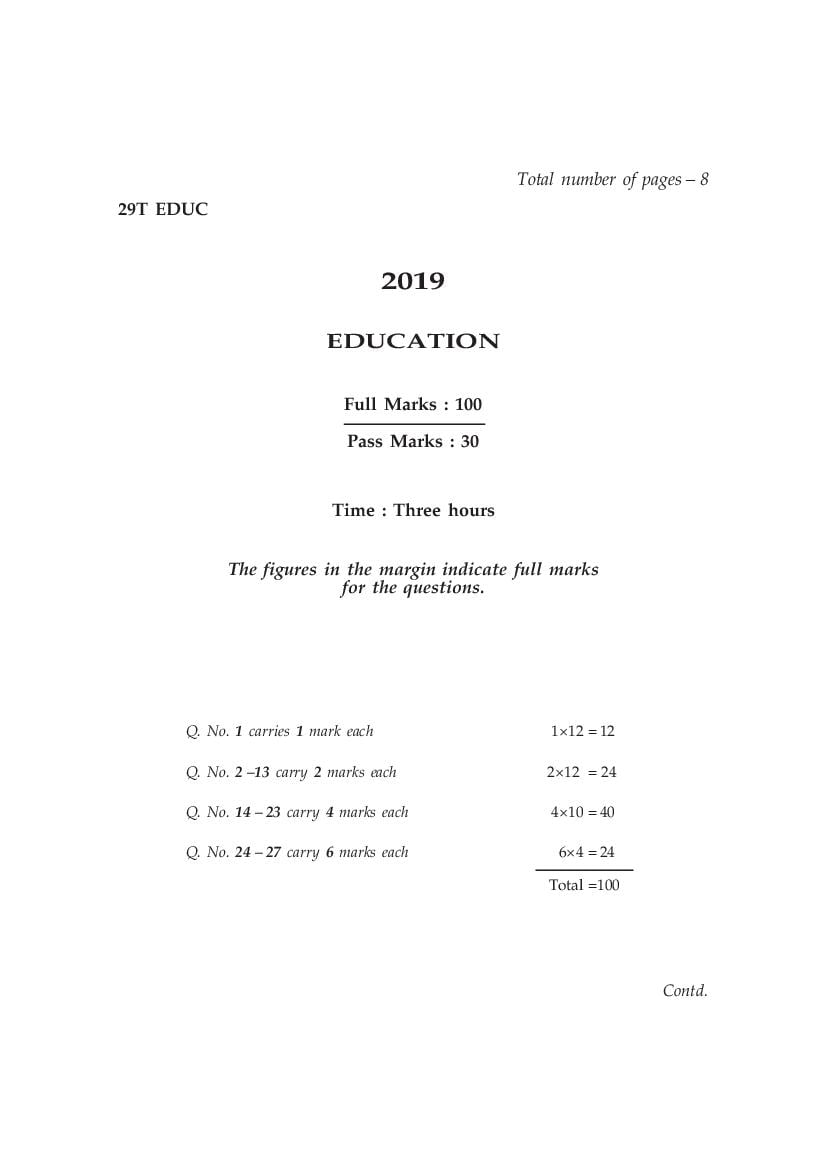 AHSEC HS 2nd Year Question Paper 2019 Education - Page 1
