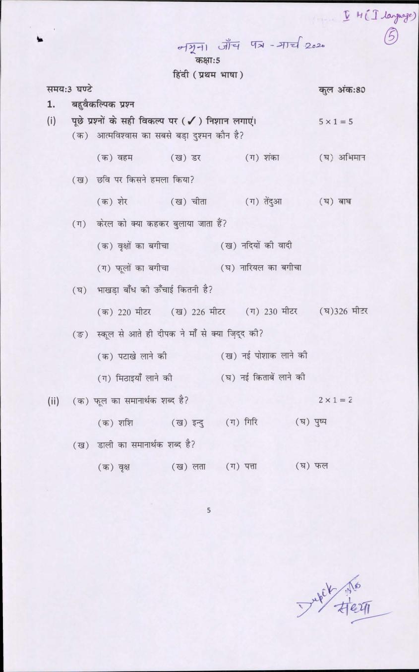 PSEB 5th Model Test Paper of Hindi First Language - Page 1