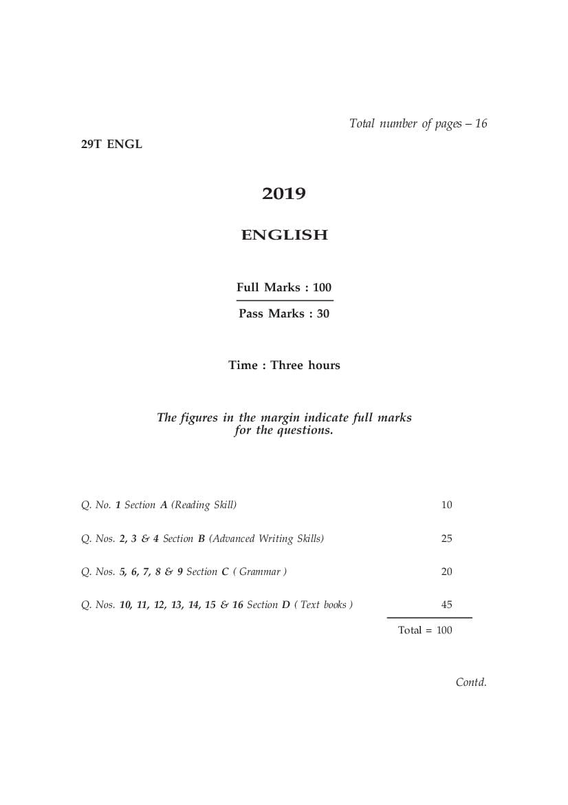 AHSEC HS 2nd Year Question Paper 2019 English - Page 1