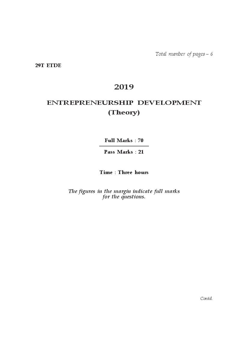 AHSEC HS 2nd Year Question Paper 2019 Entrepreneurship Development - Page 1