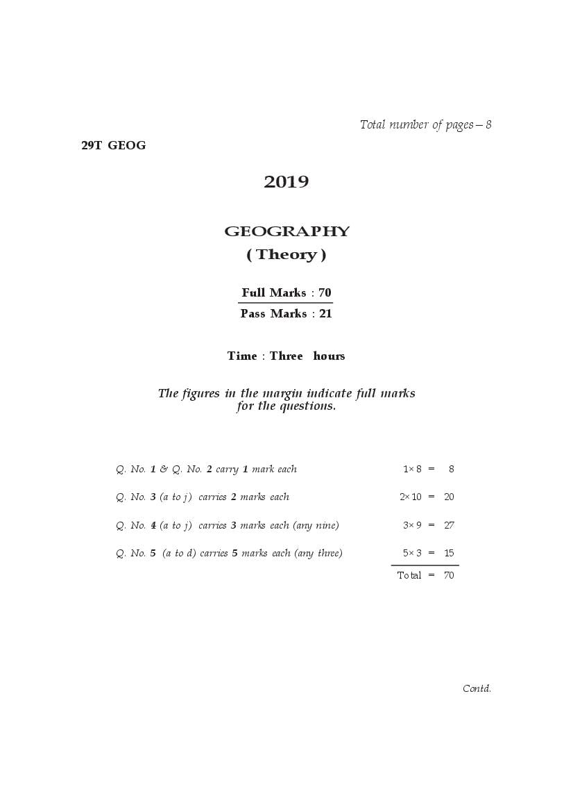 AHSEC HS 2nd Year Question Paper 2019 Geography - Page 1