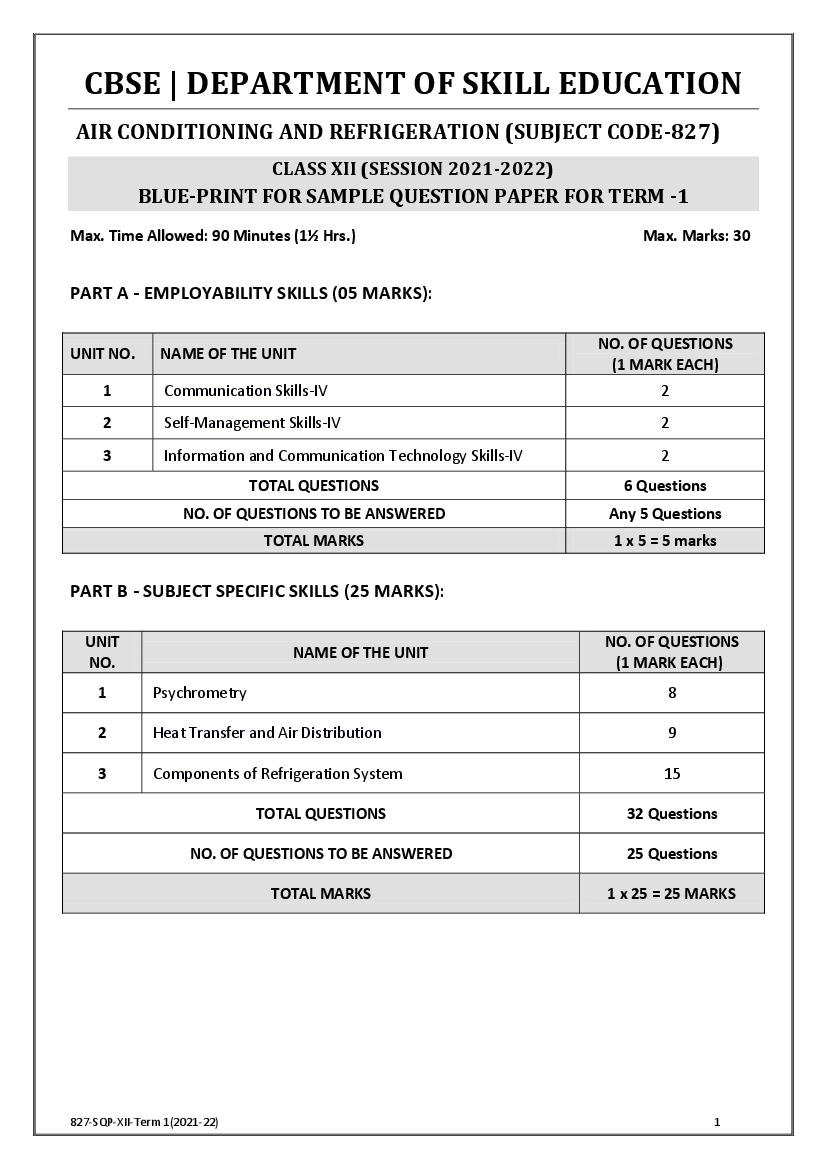 CBSE Class 12 Sample Paper 2022 for Air Conditioning and Refrigeration Term 1 - Page 1