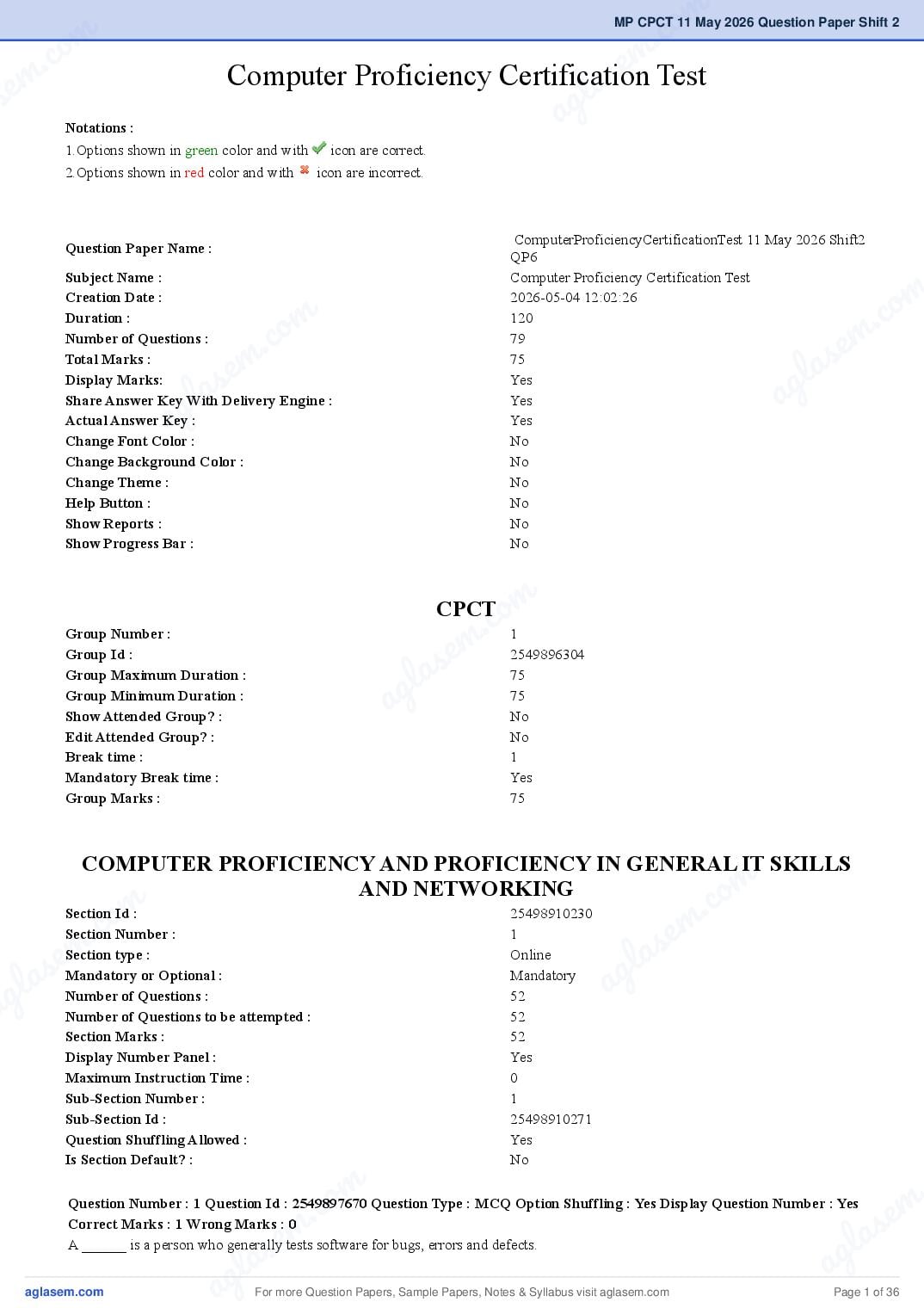 MP CPCT 11 May 2026 Question Paper Shift 2 - Page 1 of 36