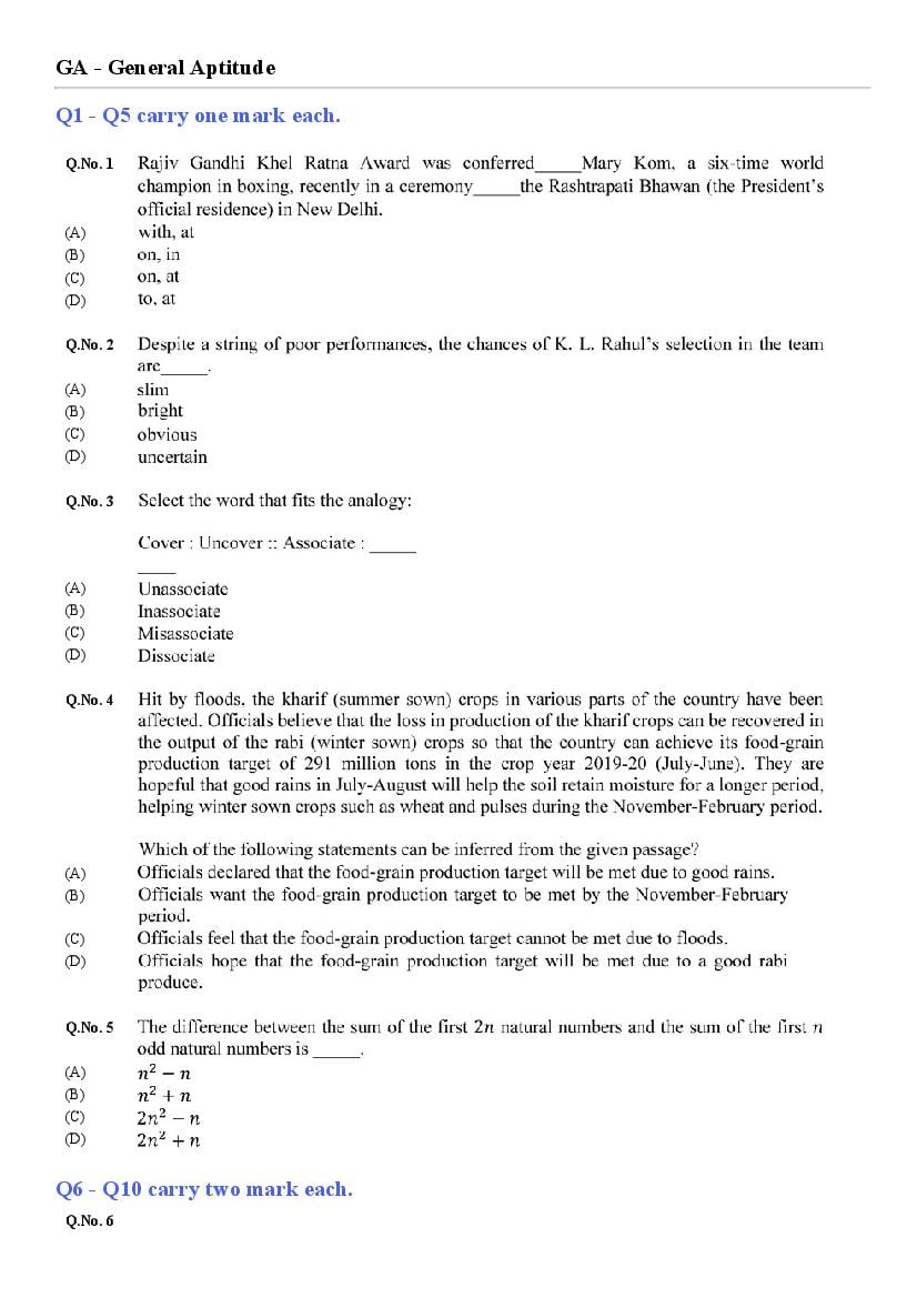 GATE 2020 Mining Engineering (MN) Question Paper with Answer Key - Page 1